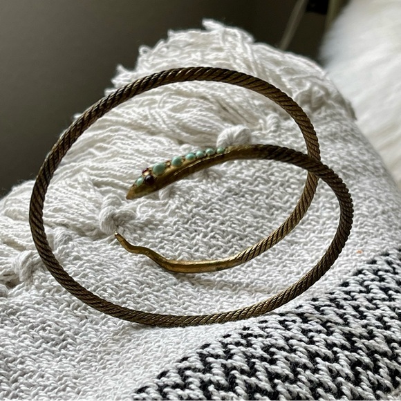 Vintage Coiled Gilt Egyptian Revival Silver Snake Bangle Turquoise Garnet Eyes - Picture 14 of 17